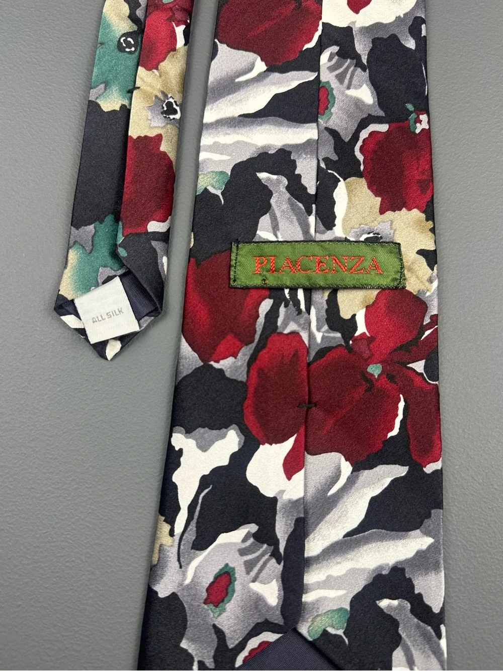 PIACENZA Wide Floral Silk Tie Red Gray Green Black Made in USA 3.875” x 56.5”